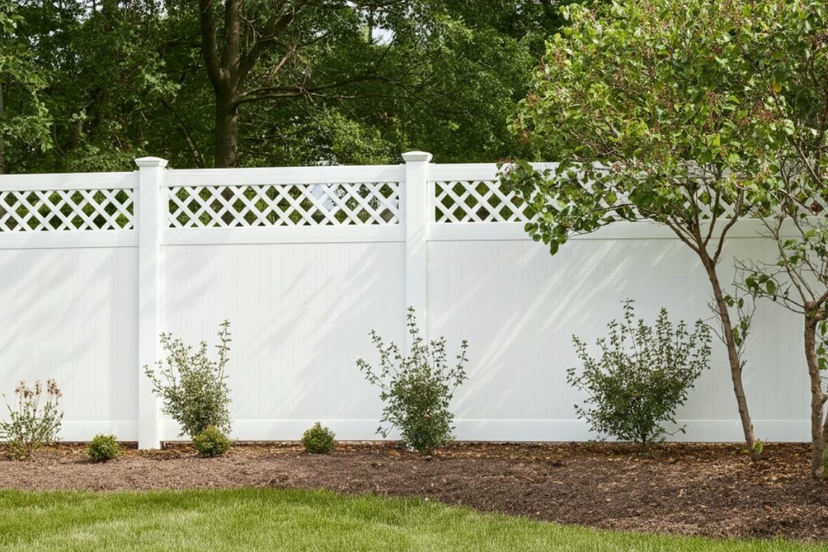 white vinyl fence with landscaping
